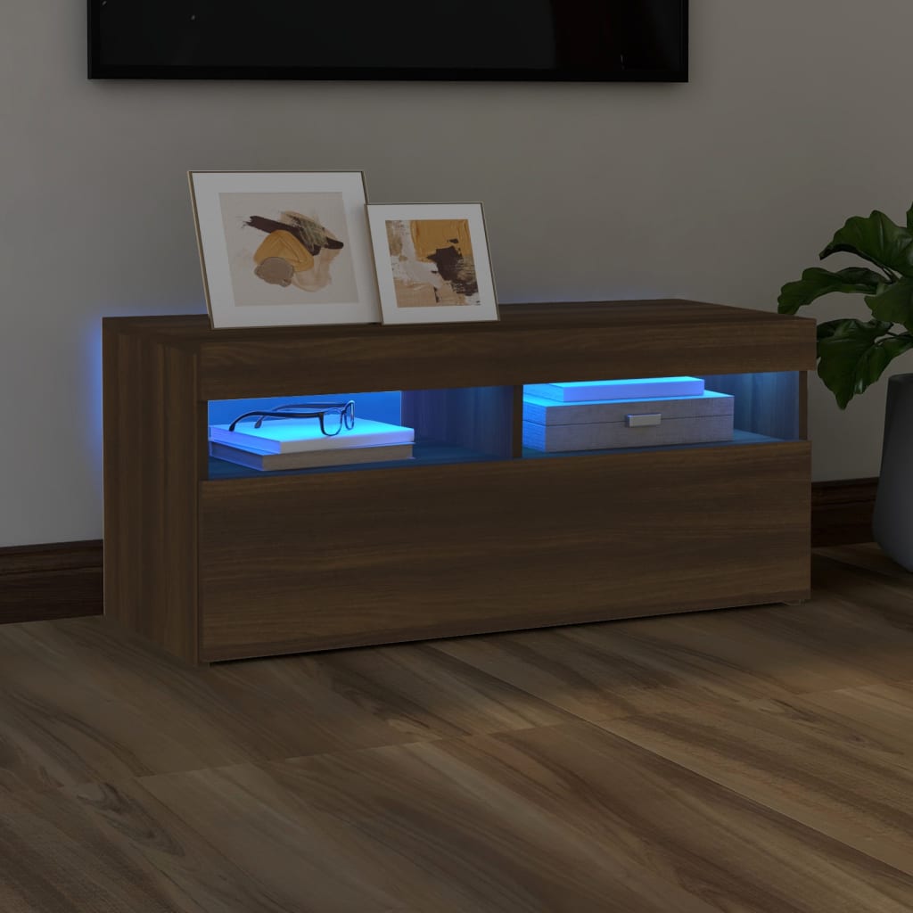 Modern Wooden TV Tele Stand Media Unit Cabinet With Storage & LED Lights Wood