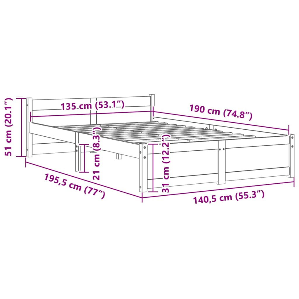 Bed Frame without Mattress White Solid Wood 135x190 cm Double Double