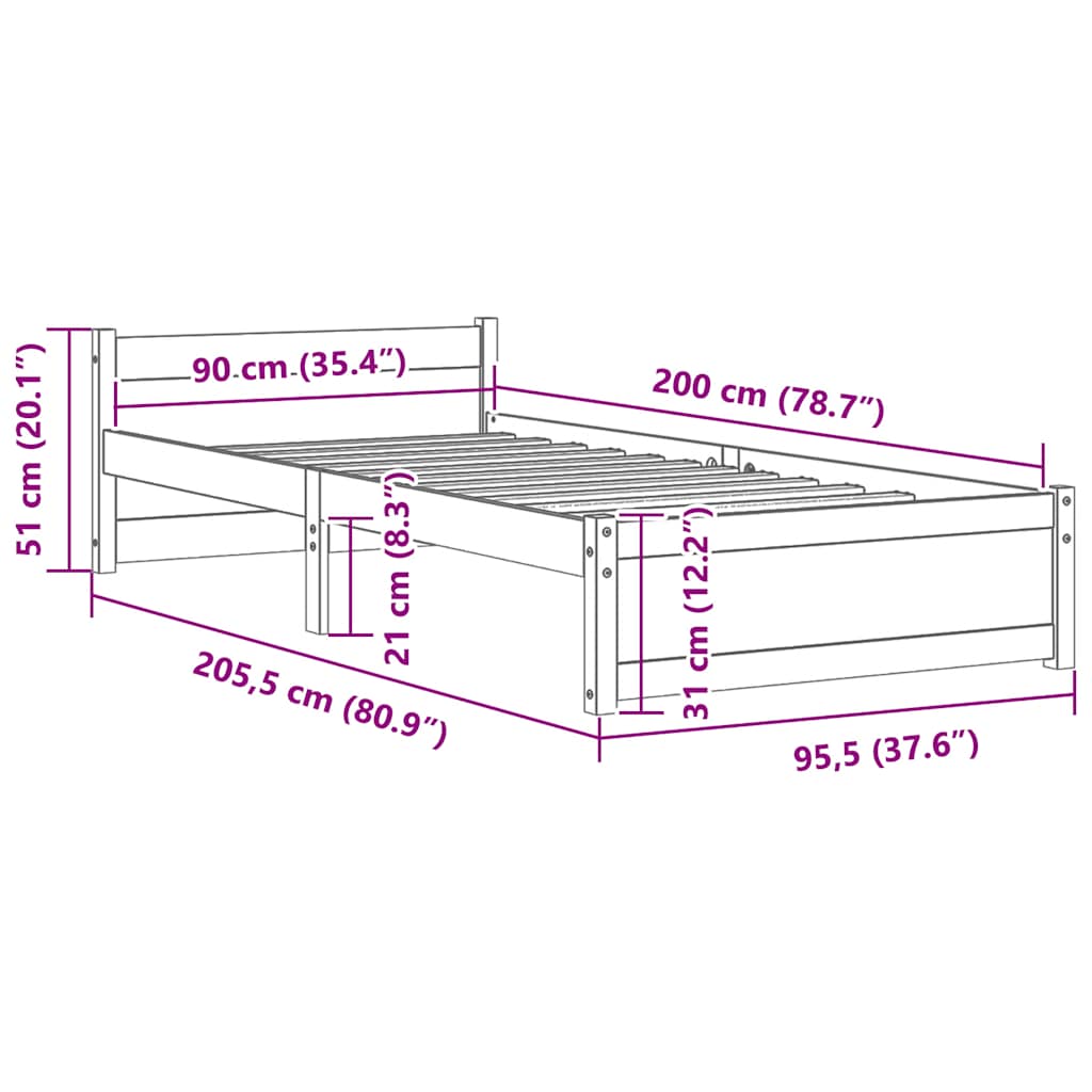 Bed Frame without Mattress White Solid Wood 90x200 cm
