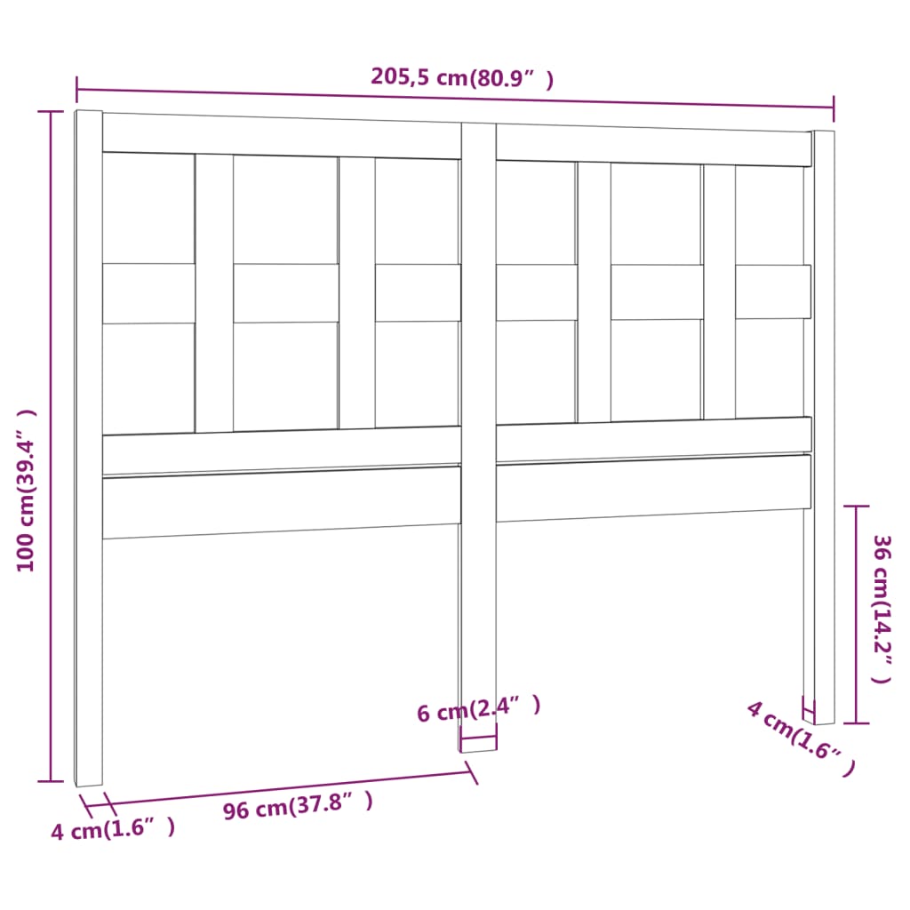 Bed Headboard Grey 205.5x4x100 cm Solid Wood Pine