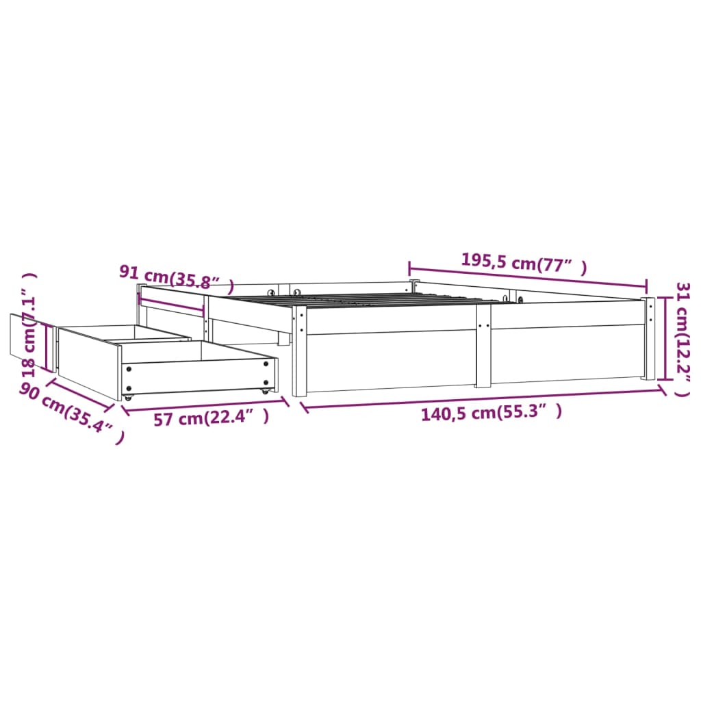 Bed Frame without Mattress with Drawers Double