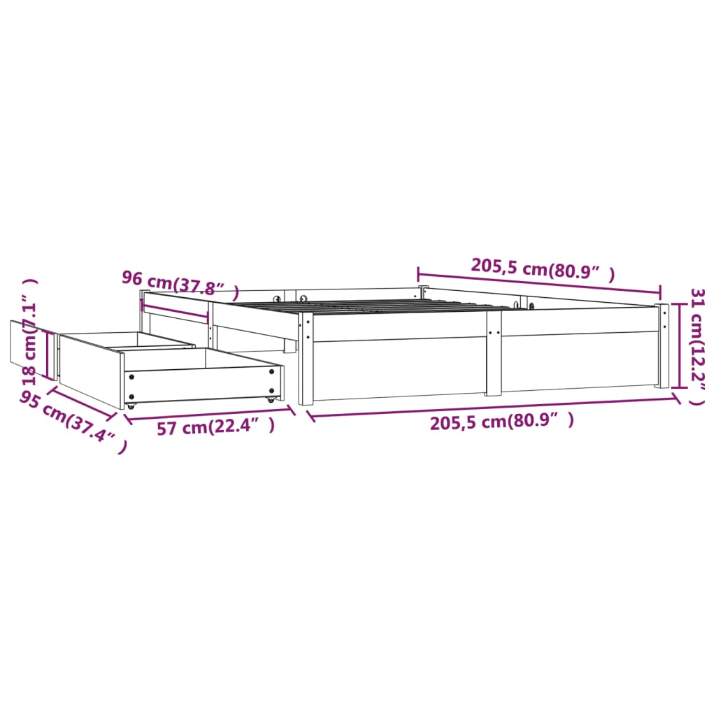 3103534 vidaXL Bed Frame without Mattress with Drawers White 200x200 cm (814970+815000)