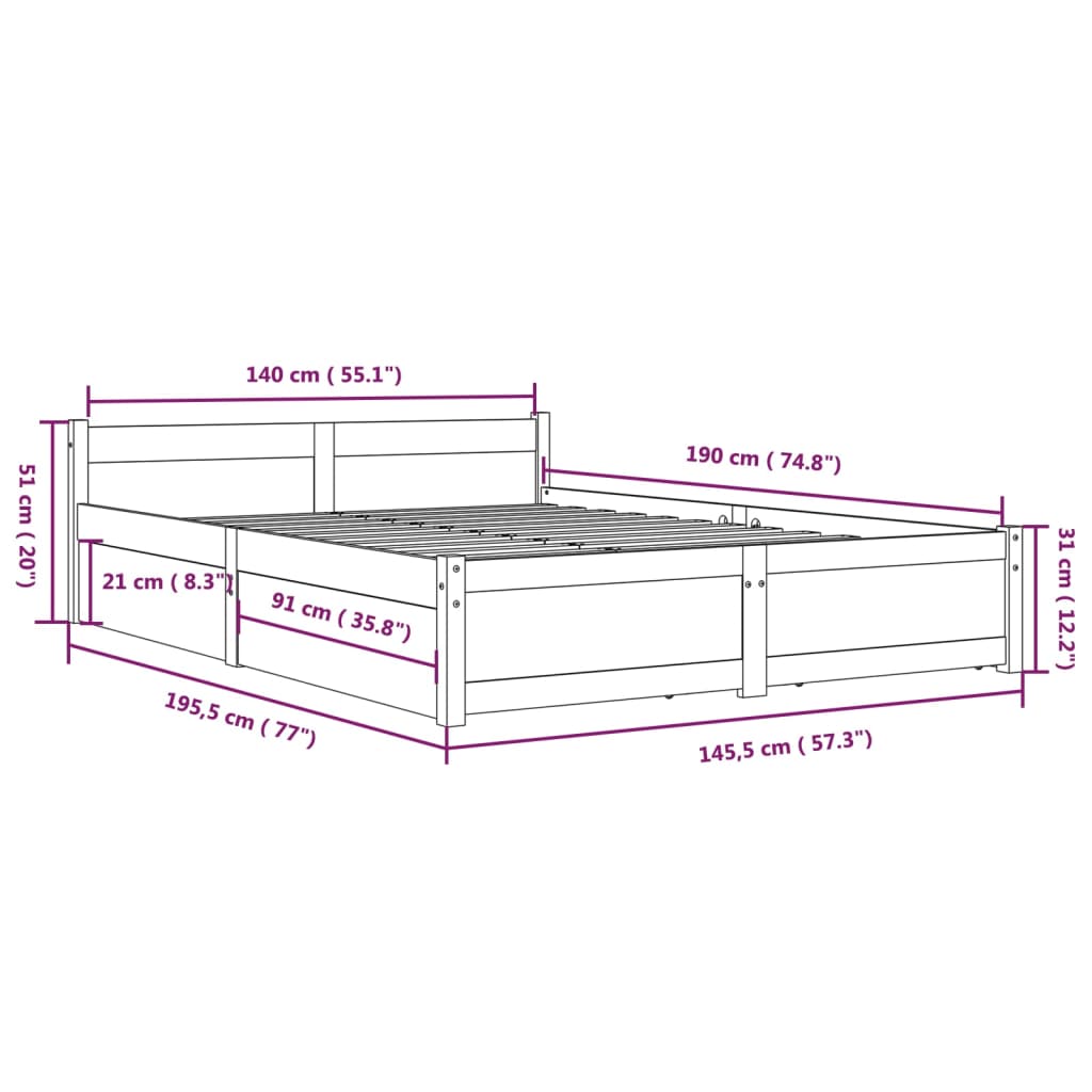 3103549 vidaXL Bed Frame without Mattress with Drawers 140x190 cm (815024+814994)