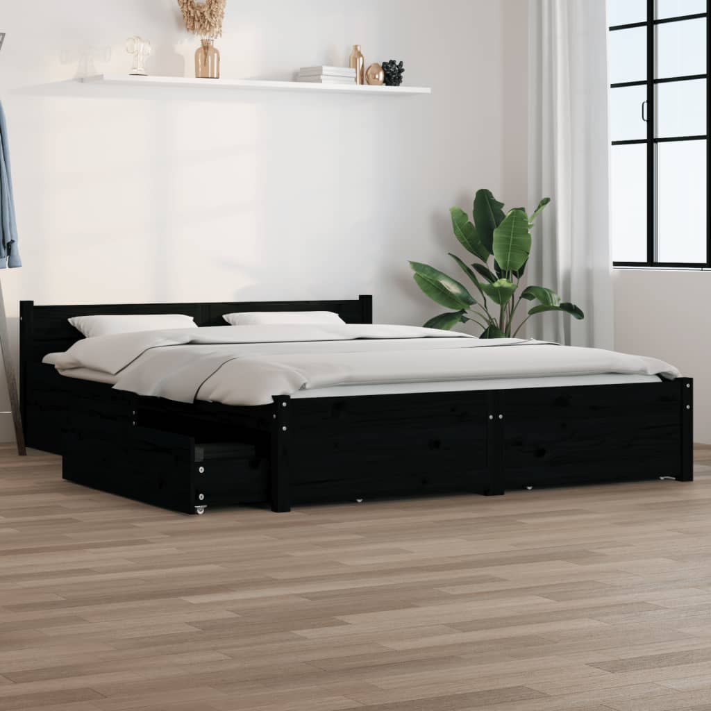 Bed Frame without Mattress with Drawers Black King Size