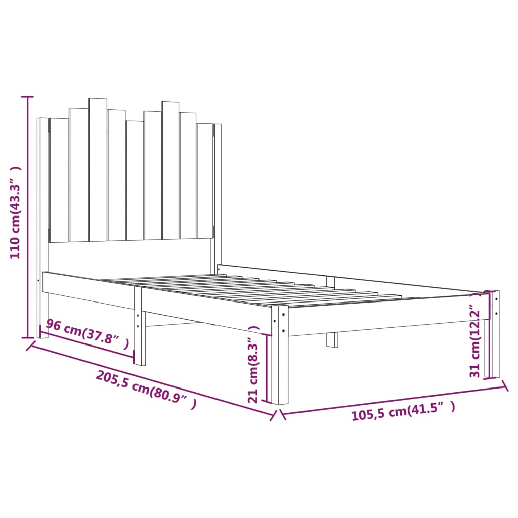 3103768 vidaXL Bed Frame without Mattress Solid Wood 100x200 cm (810007+818455)
