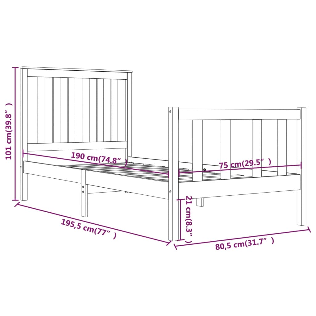 Bed Frame without Mattress Black Solid Wood Small Single