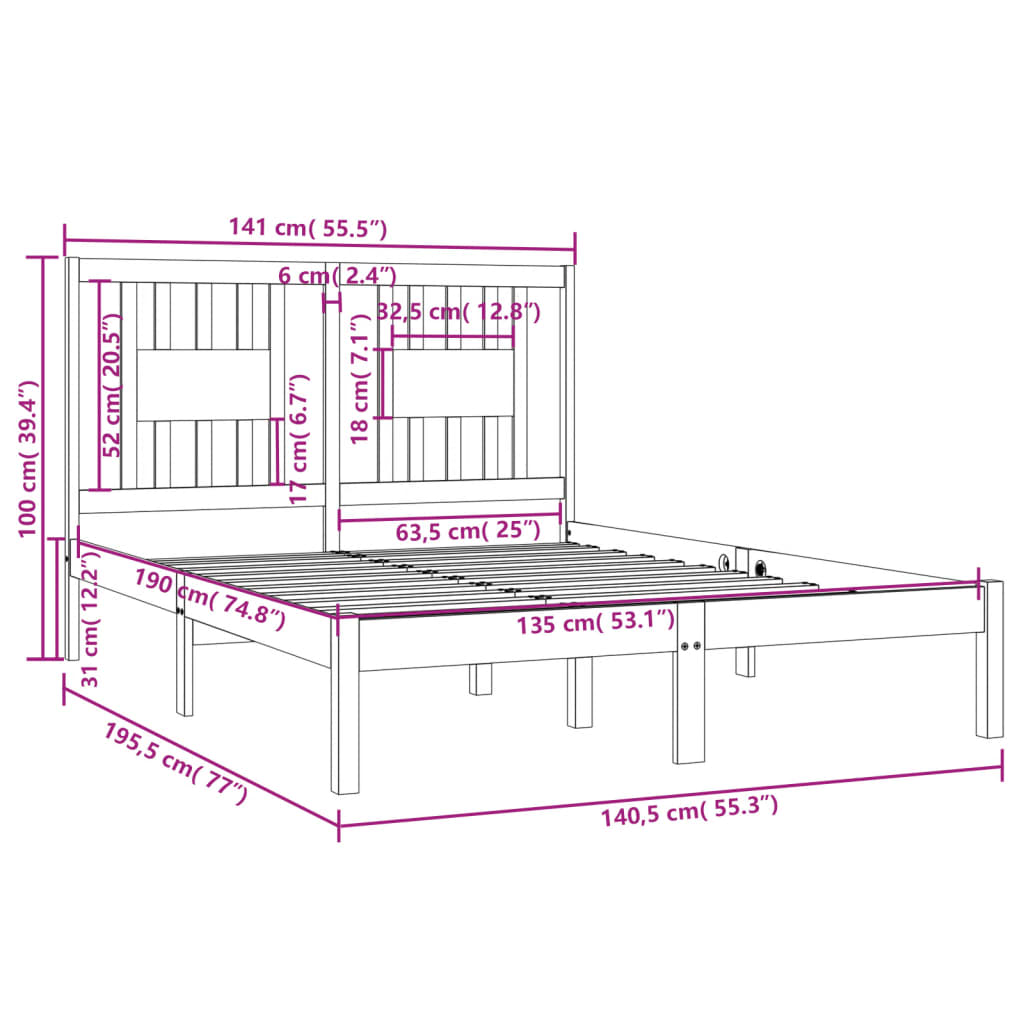 Bed Frame without Mattress White Solid Wood Double