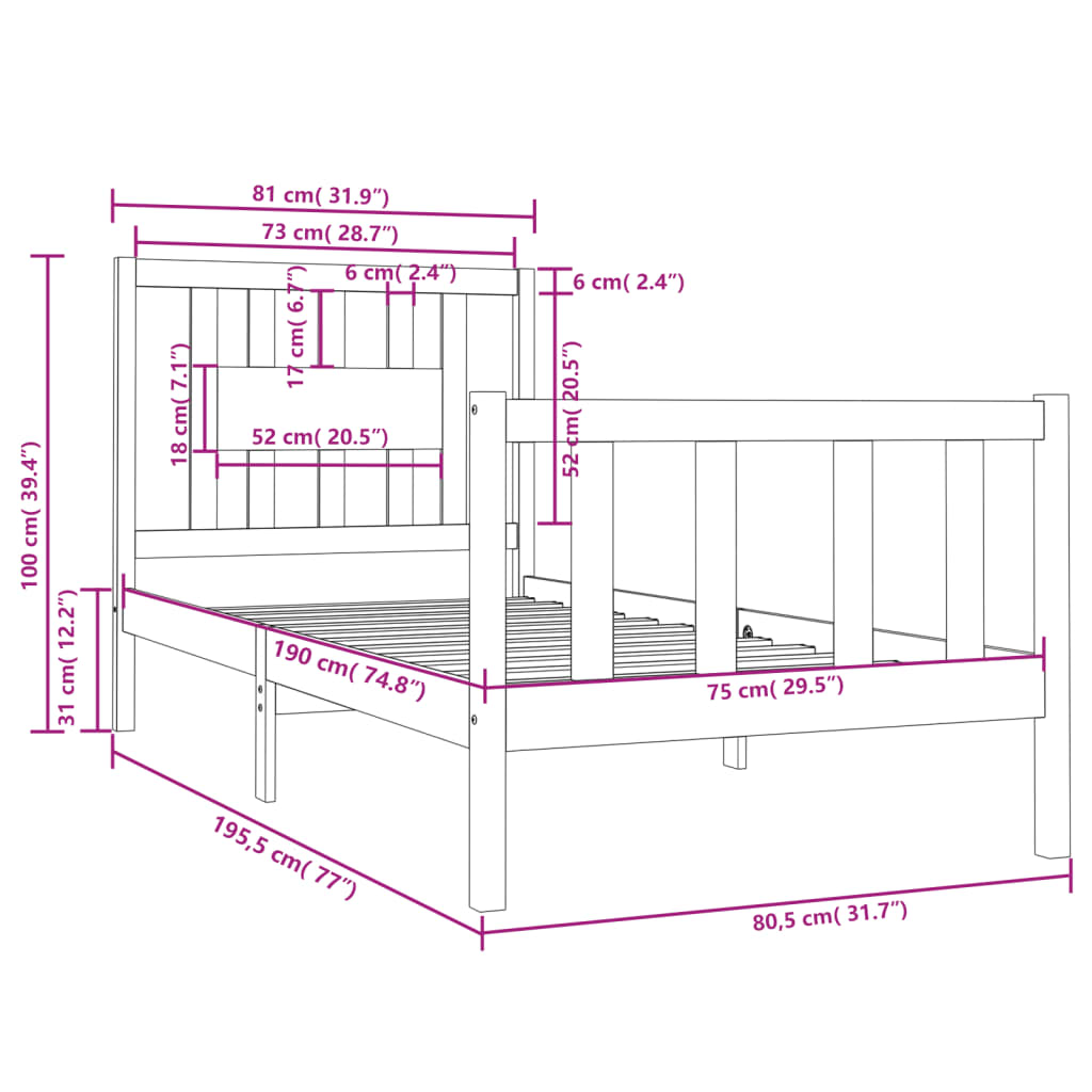 Bed Frame without Mattress Black Solid Wood Small Single