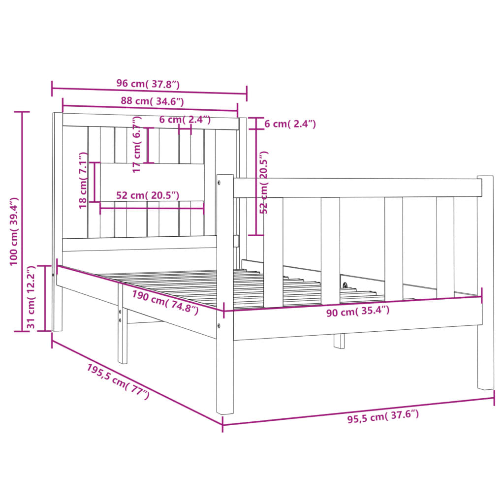 Bed Frame without Mattress Black 90x190 cm Single Solid Wood