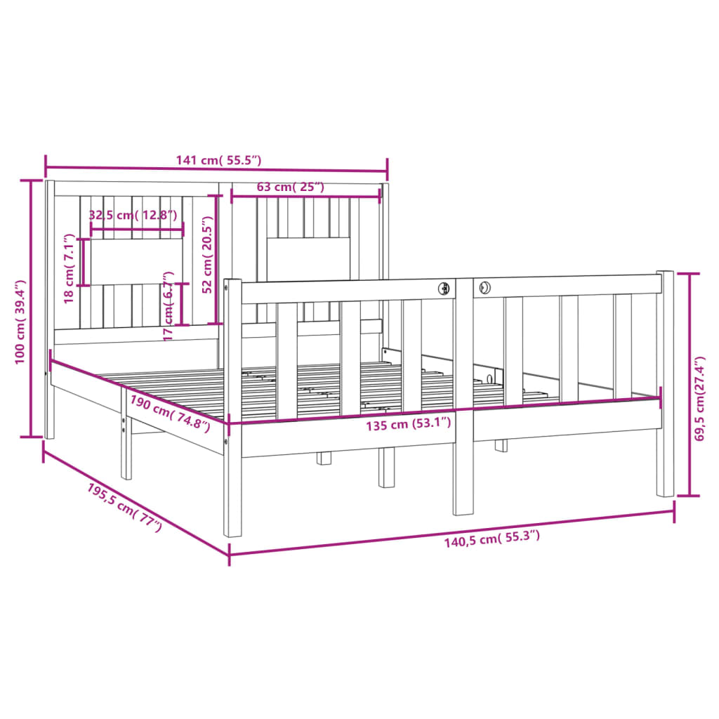 Bed Frame without Mattress White 135x190 cm Double Solid Wood