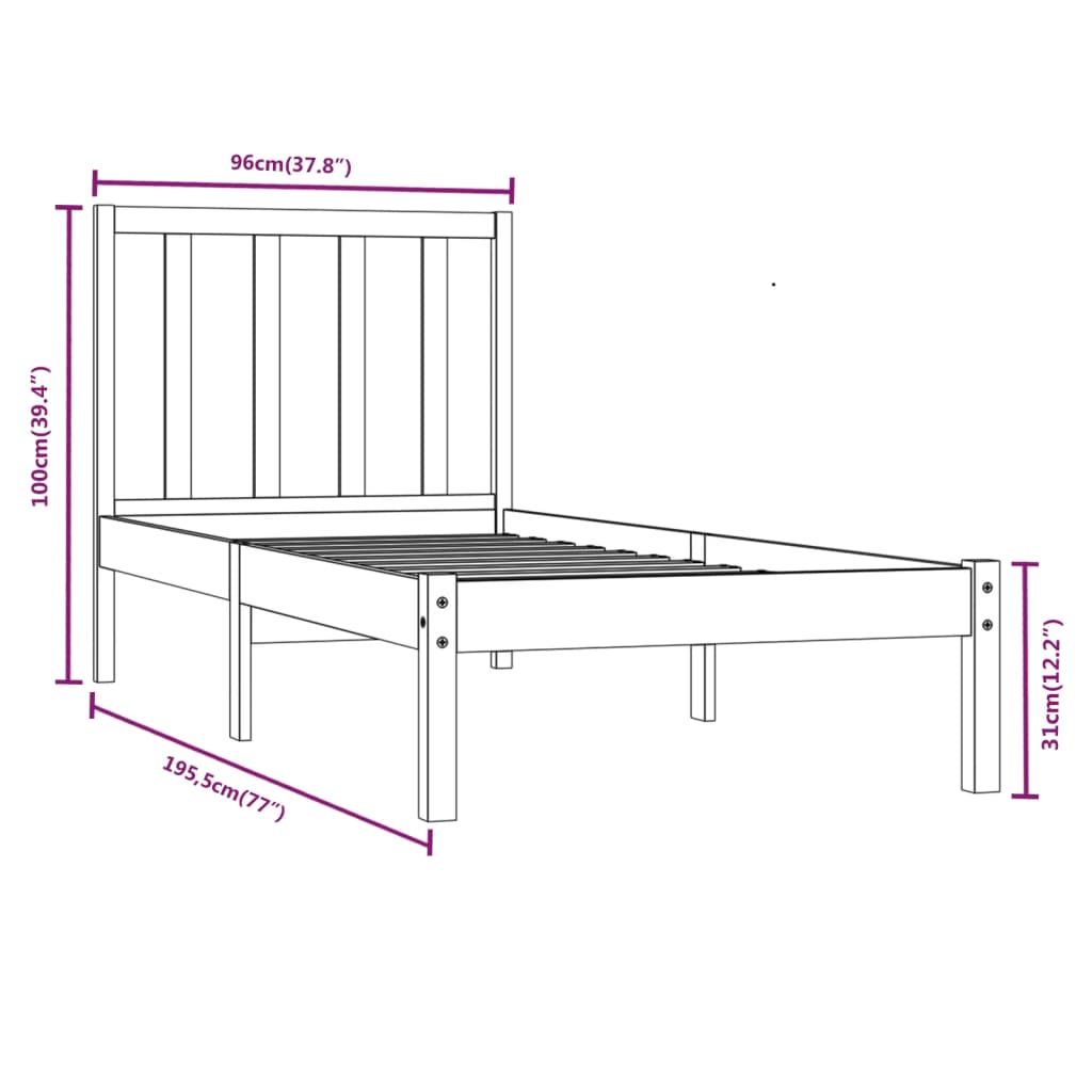 Bed Frame without Mattress Black Solid Wood Pine 90x190 cm Single Single