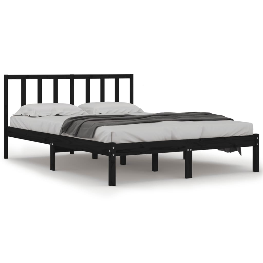 Bed Frame without Mattress Black Solid Wood Pine 135x190 cm Double