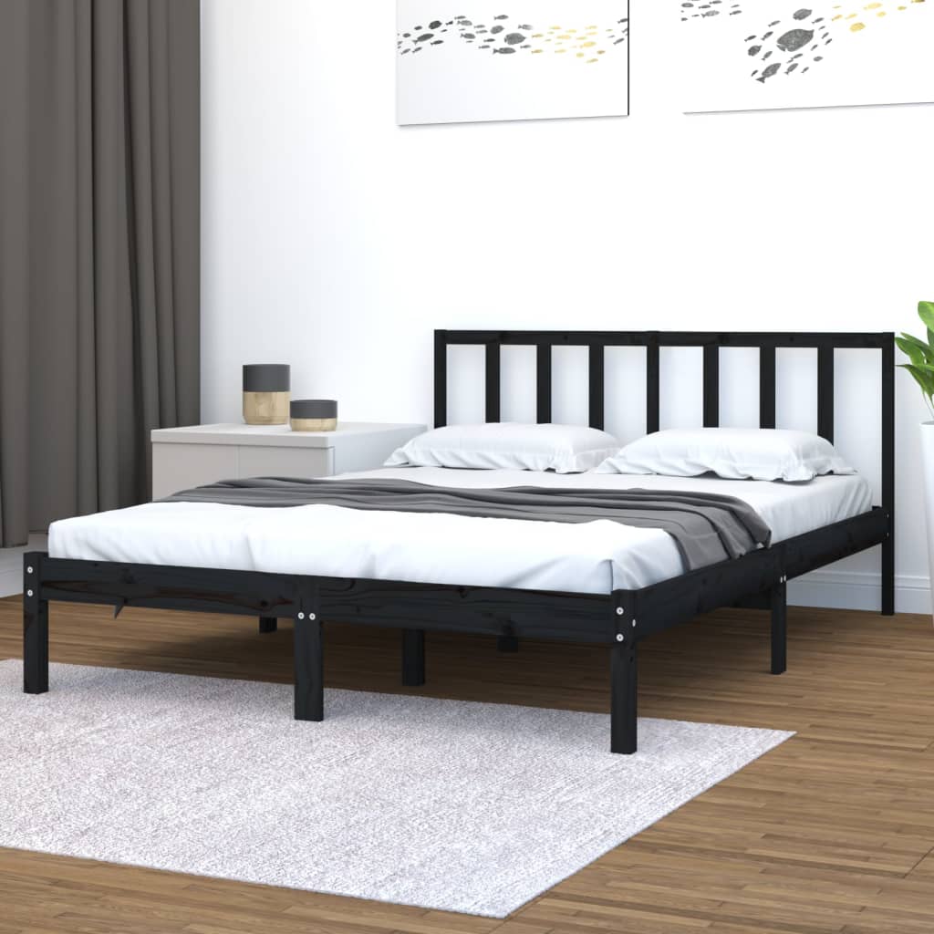 Bed Frame without Mattress Black Solid Wood Pine 135x190 cm Double