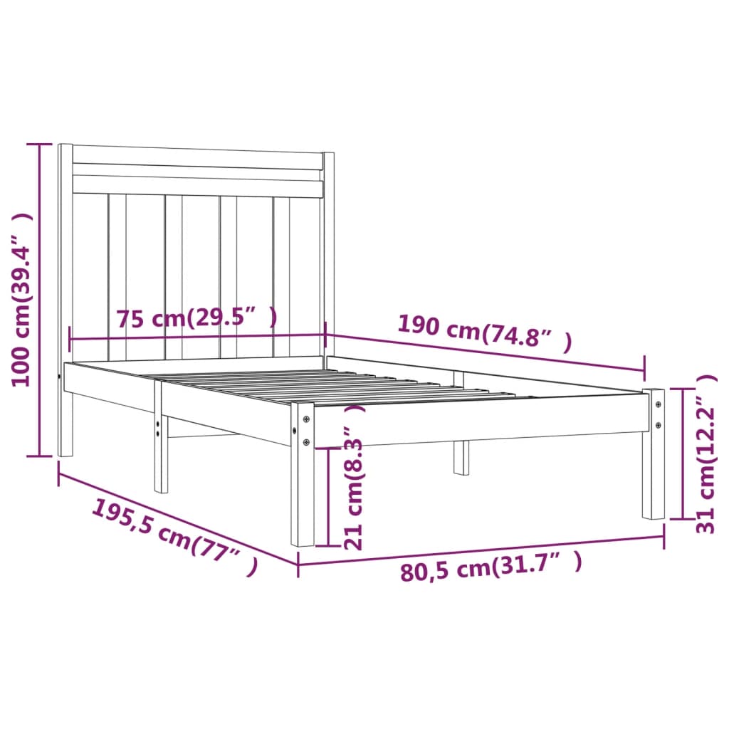 Bed Frame without Mattress Black 75x190 cm Small Single Solid Wood