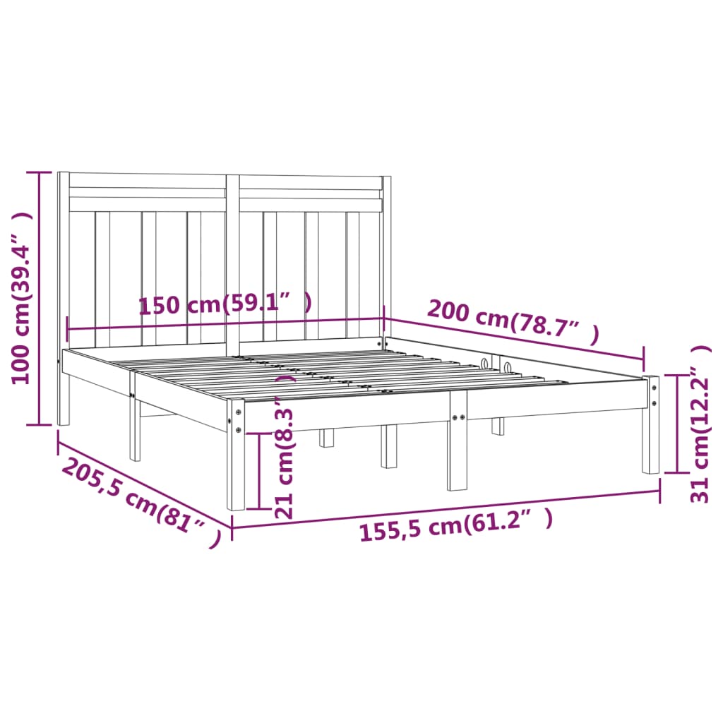 Bed Frame without Mattress Black 150x200 cm King Size Solid Wood