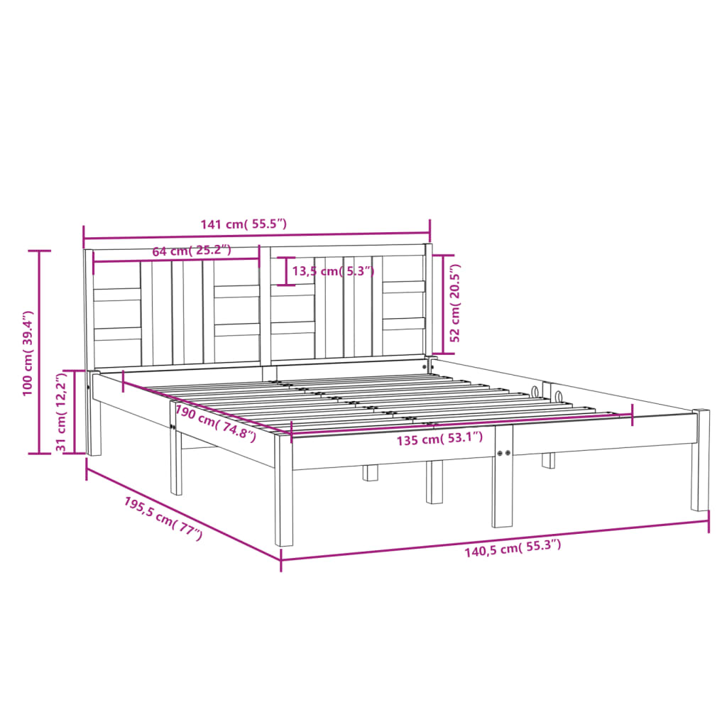 Bed Frame without Mattress 135x190 cm Double Solid Wood