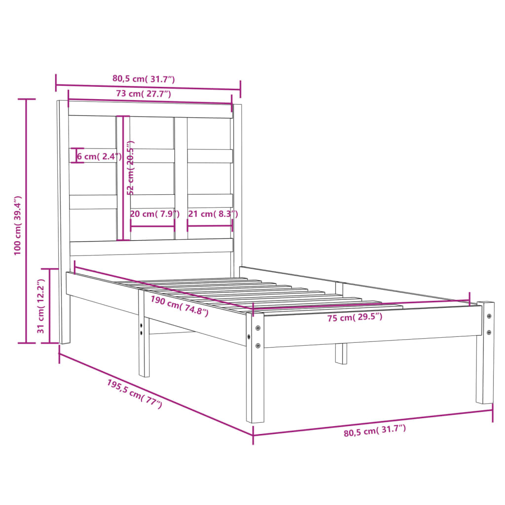 Bed Frame without Mattress Black 75x190 cm Small Single Solid Wood