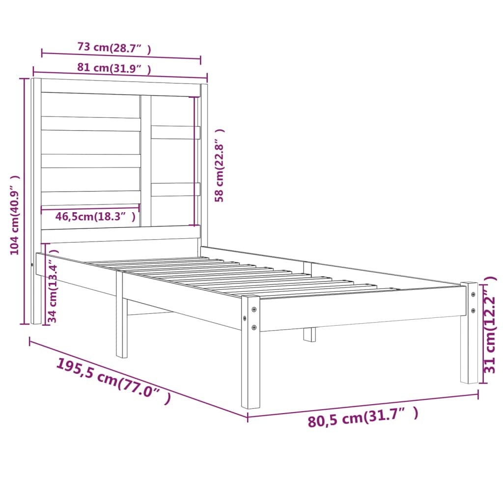 Bed Frame without Mattress Black Solid Wood 75x190 cm Small Single