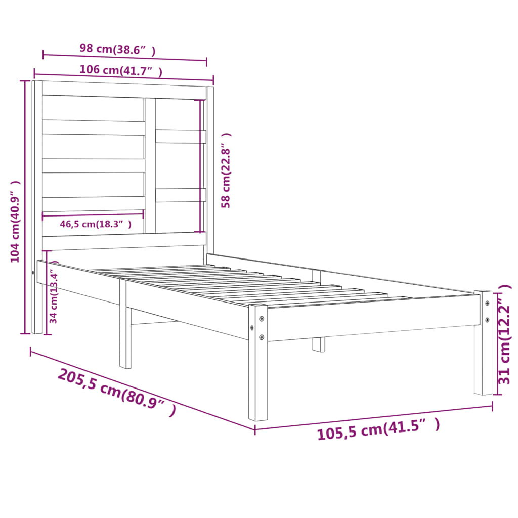 Bed Frame without Mattress Black Solid Wood 100x200 cm