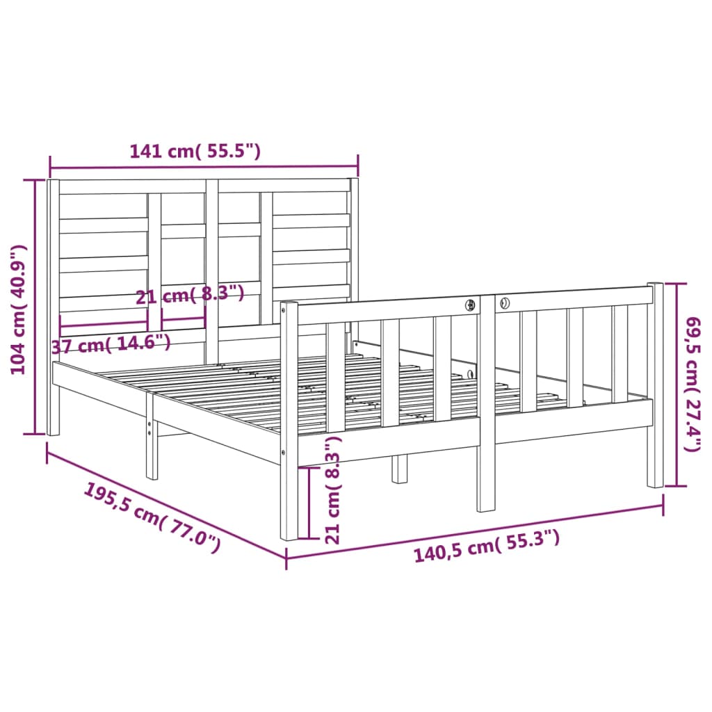 Bed Frame without Mattress Black Solid Wood 135x190 cm Double