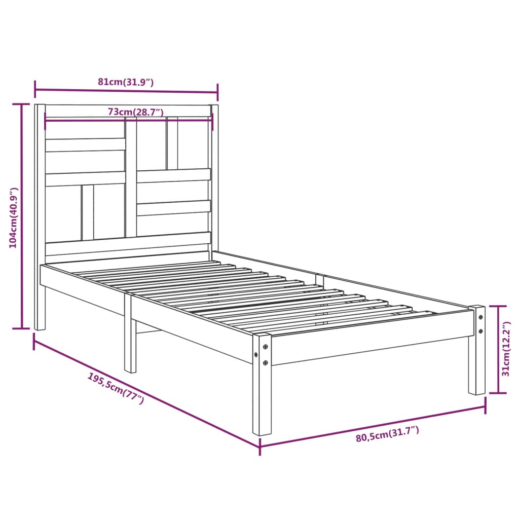 Bed Frame without Mattress Black Solid Wood 75x190 cm Small Single