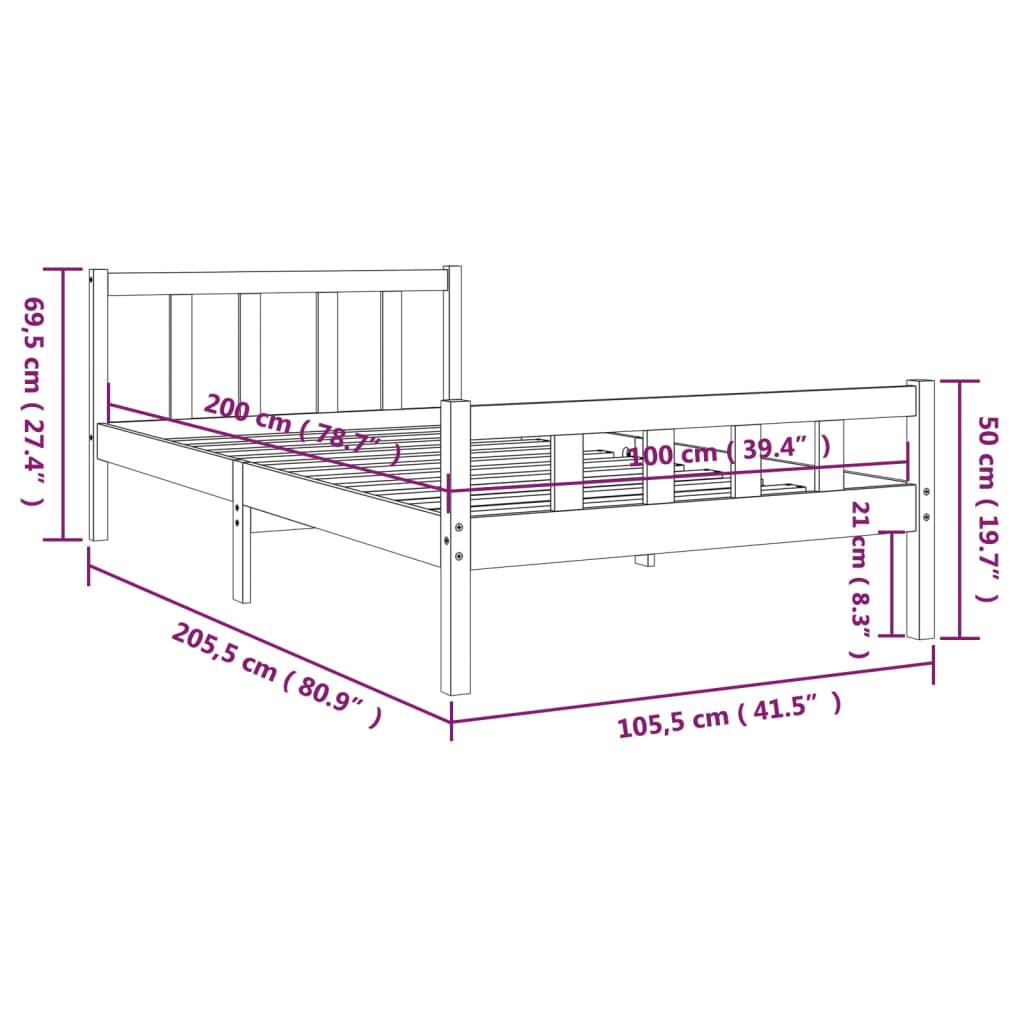 Bed Frame without Mattress Grey Solid Wood 100x200 cm