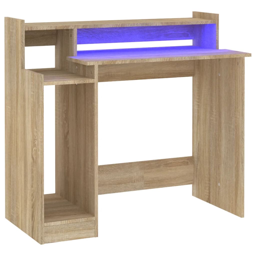 Modern Wooden Home Office Computer Gaming Desk With LED Lights Monitor Stand