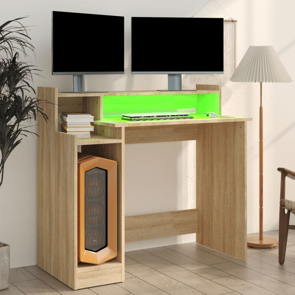 Modern Wooden Home Office Computer Gaming Desk With LED Lights Monitor Stand