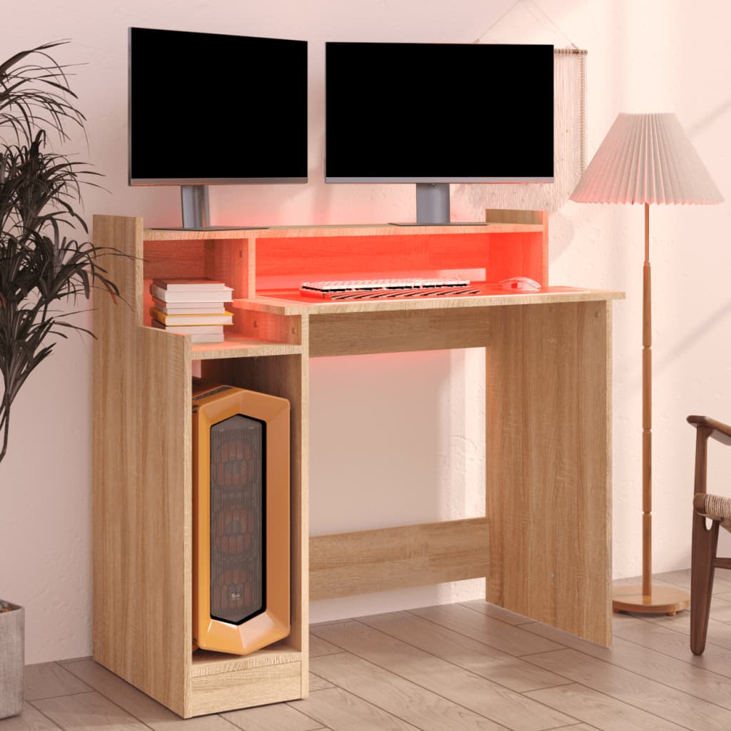 Modern Wooden Home Office Computer Gaming Desk With LED Lights Monitor Stand