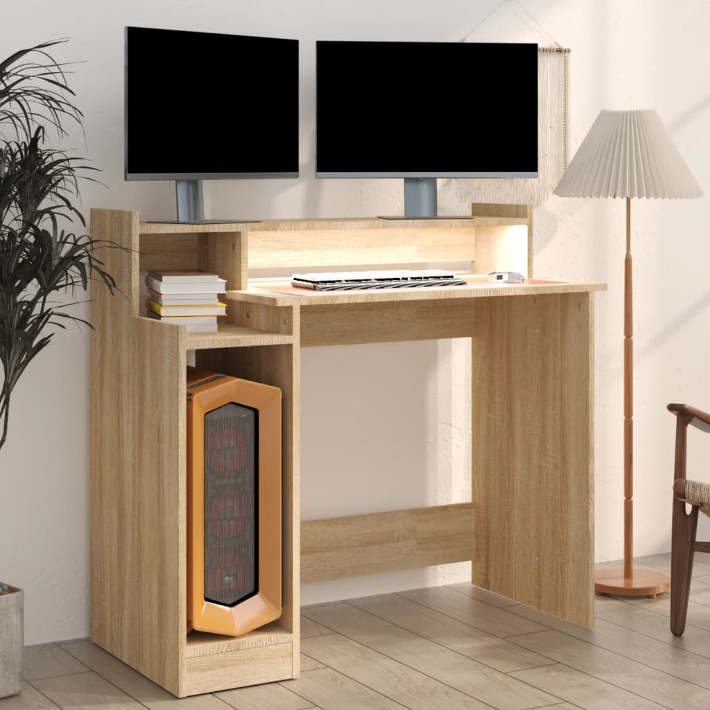 Modern Wooden Home Office Computer Gaming Desk With LED Lights Monitor Stand