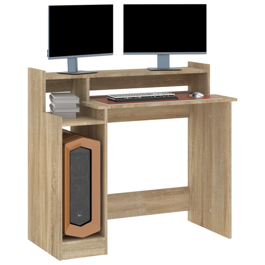 Modern Wooden Home Office Computer Gaming Desk With LED Lights Monitor Stand