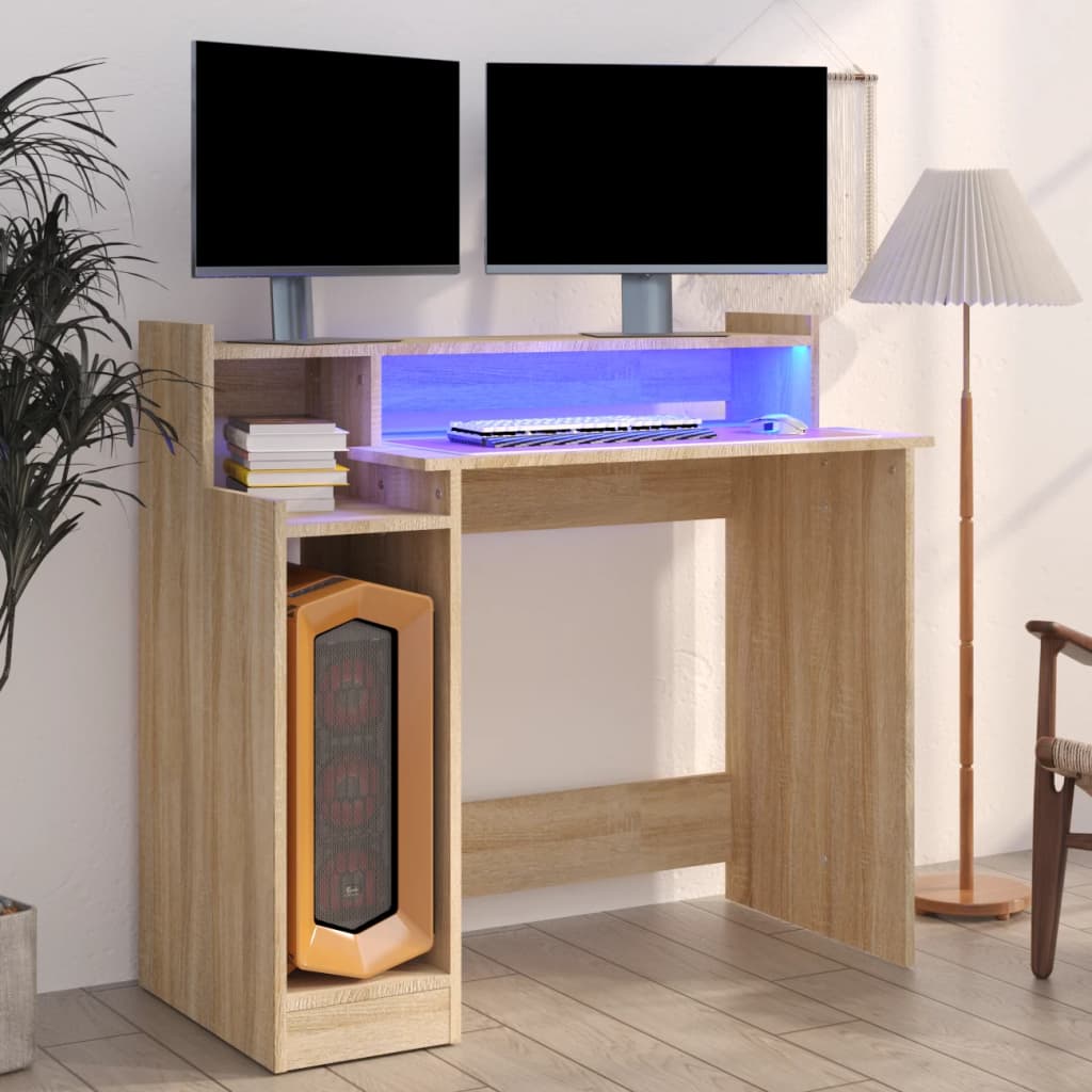 Modern Wooden Home Office Computer Gaming Desk With LED Lights Monitor Stand