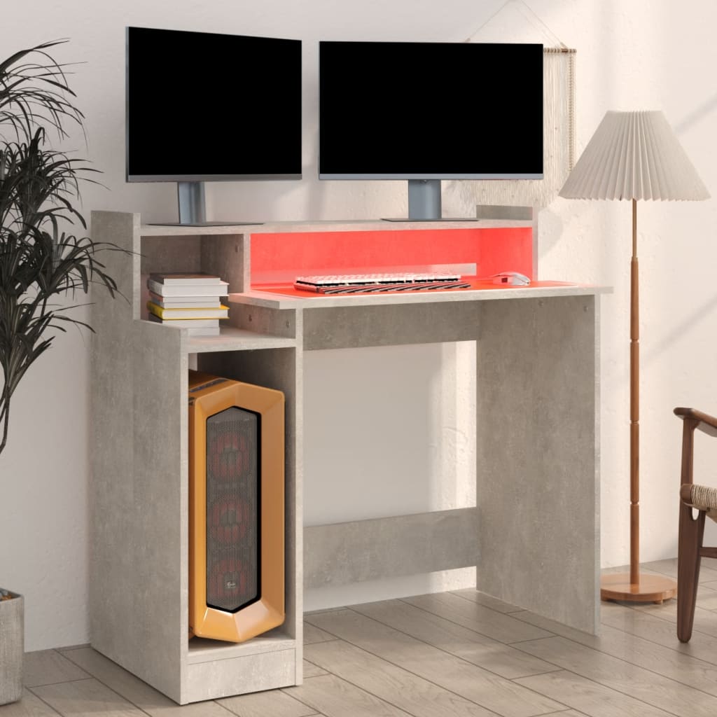 Modern Wooden Home Office Computer Gaming Desk With LED Lights Monitor Stand