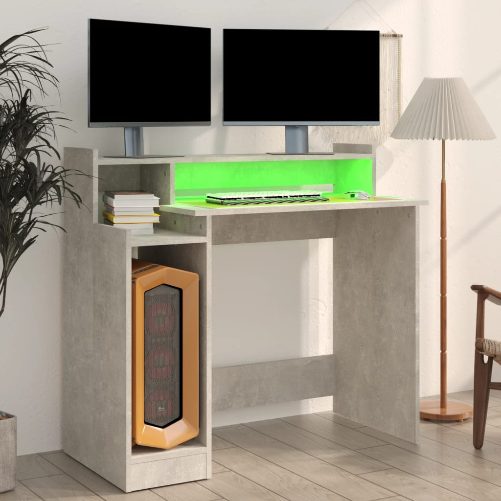 Modern Wooden Home Office Computer Gaming Desk With LED Lights Monitor Stand