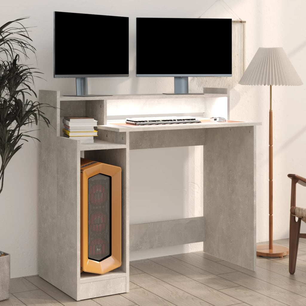 Modern Wooden Home Office Computer Gaming Desk With LED Lights Monitor Stand