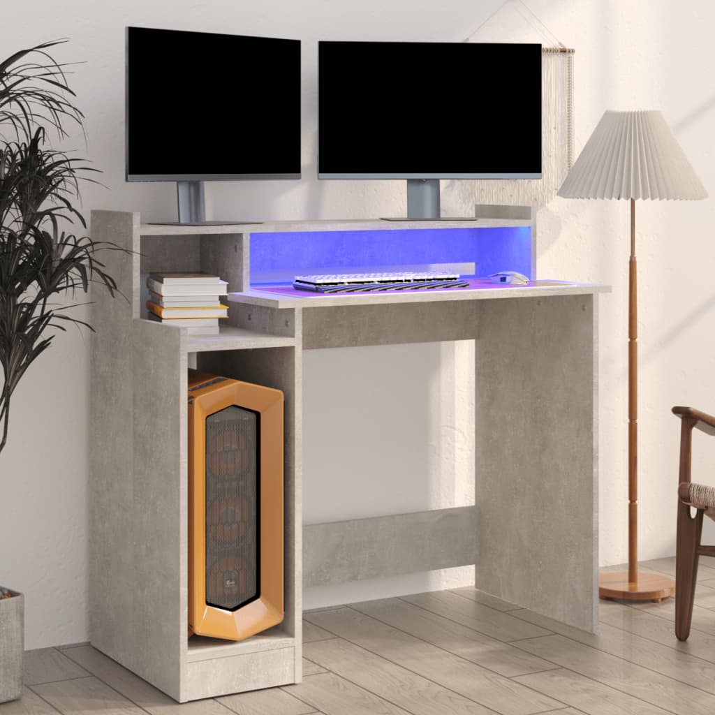 Modern Wooden Home Office Computer Gaming Desk With LED Lights Monitor Stand