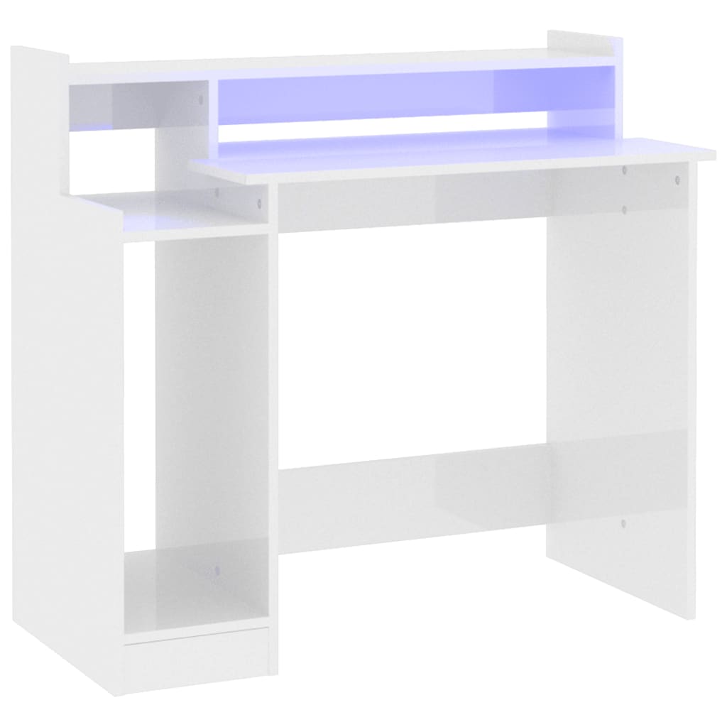 Modern Wooden Home Office Computer Gaming Desk With LED Lights Monitor Stand
