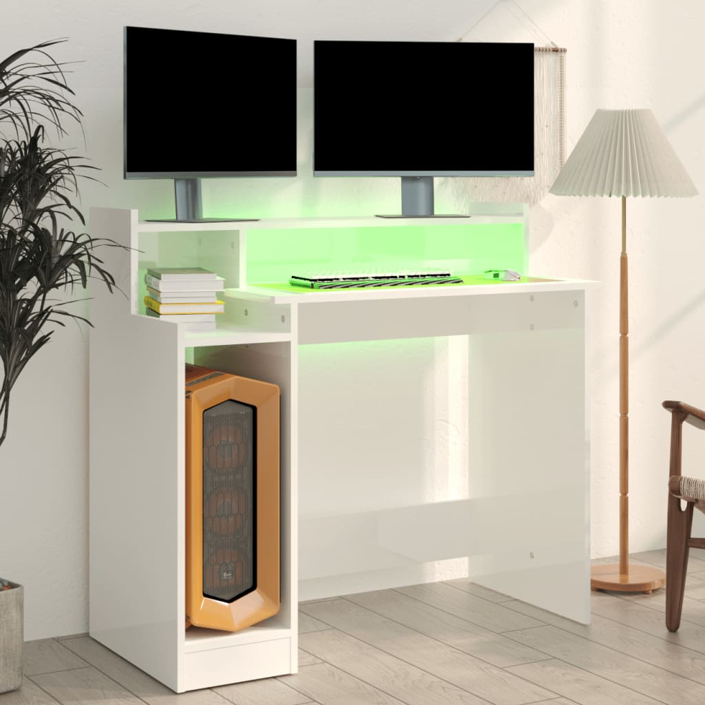 Modern Wooden Home Office Computer Gaming Desk With LED Lights Monitor Stand