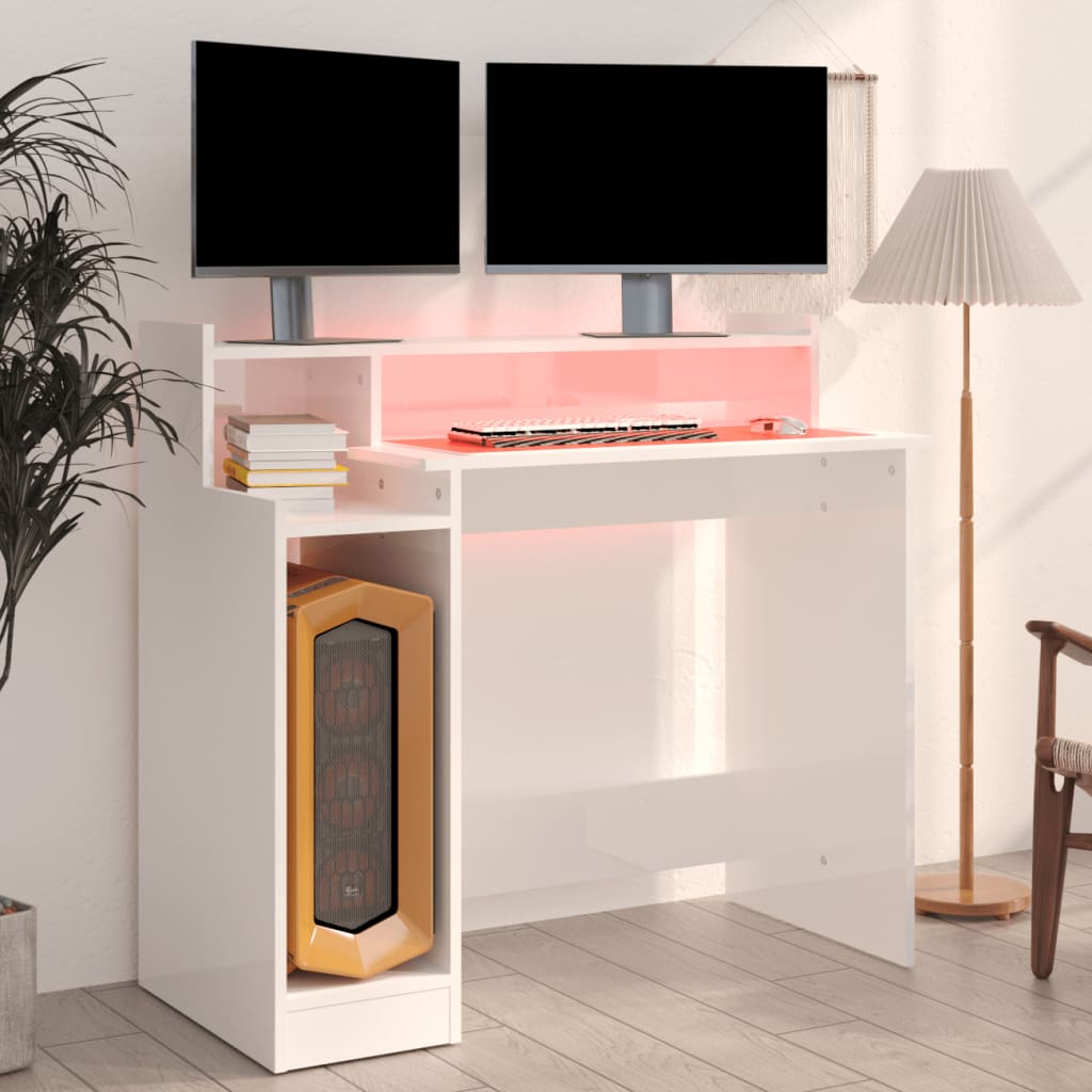 Modern Wooden Home Office Computer Gaming Desk With LED Lights Monitor Stand