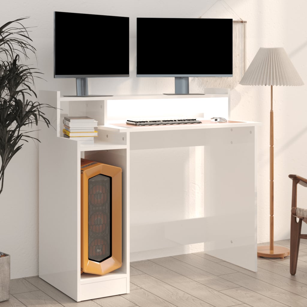 Modern Wooden Home Office Computer Gaming Desk With LED Lights Monitor Stand