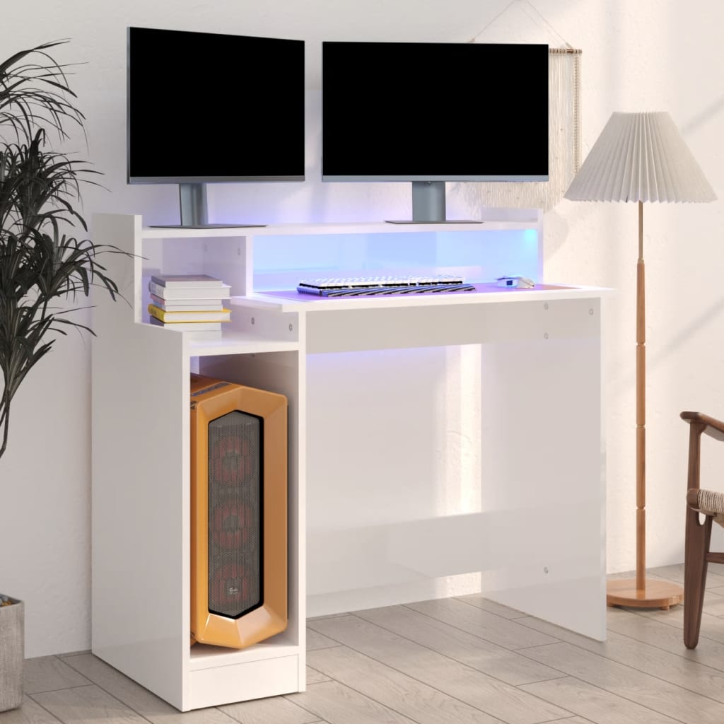 Modern Wooden Home Office Computer Gaming Desk With LED Lights Monitor Stand