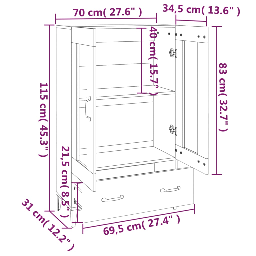 Highboard White 70x31x115 cm Engineered Wood