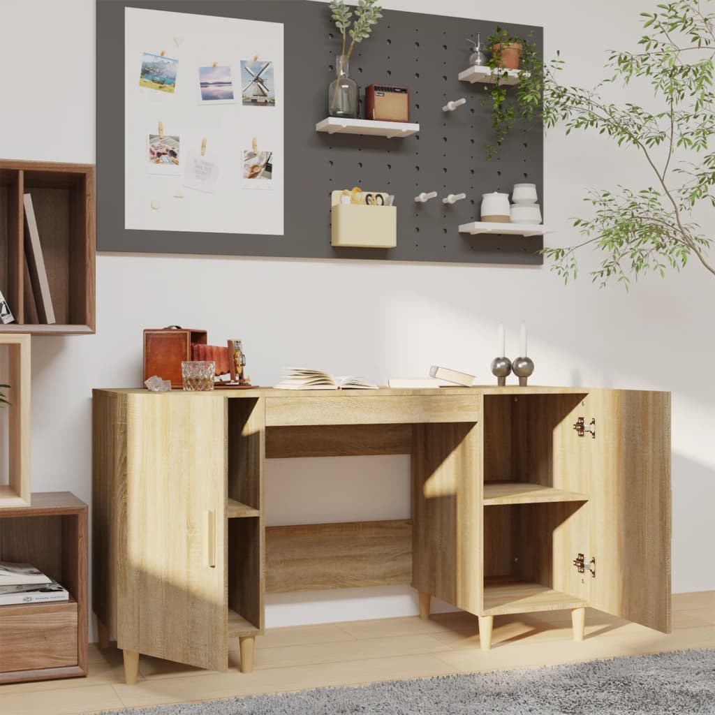 Modern Wooden Home Office Computer Desk Table With 2 Storage Cupboards Wood