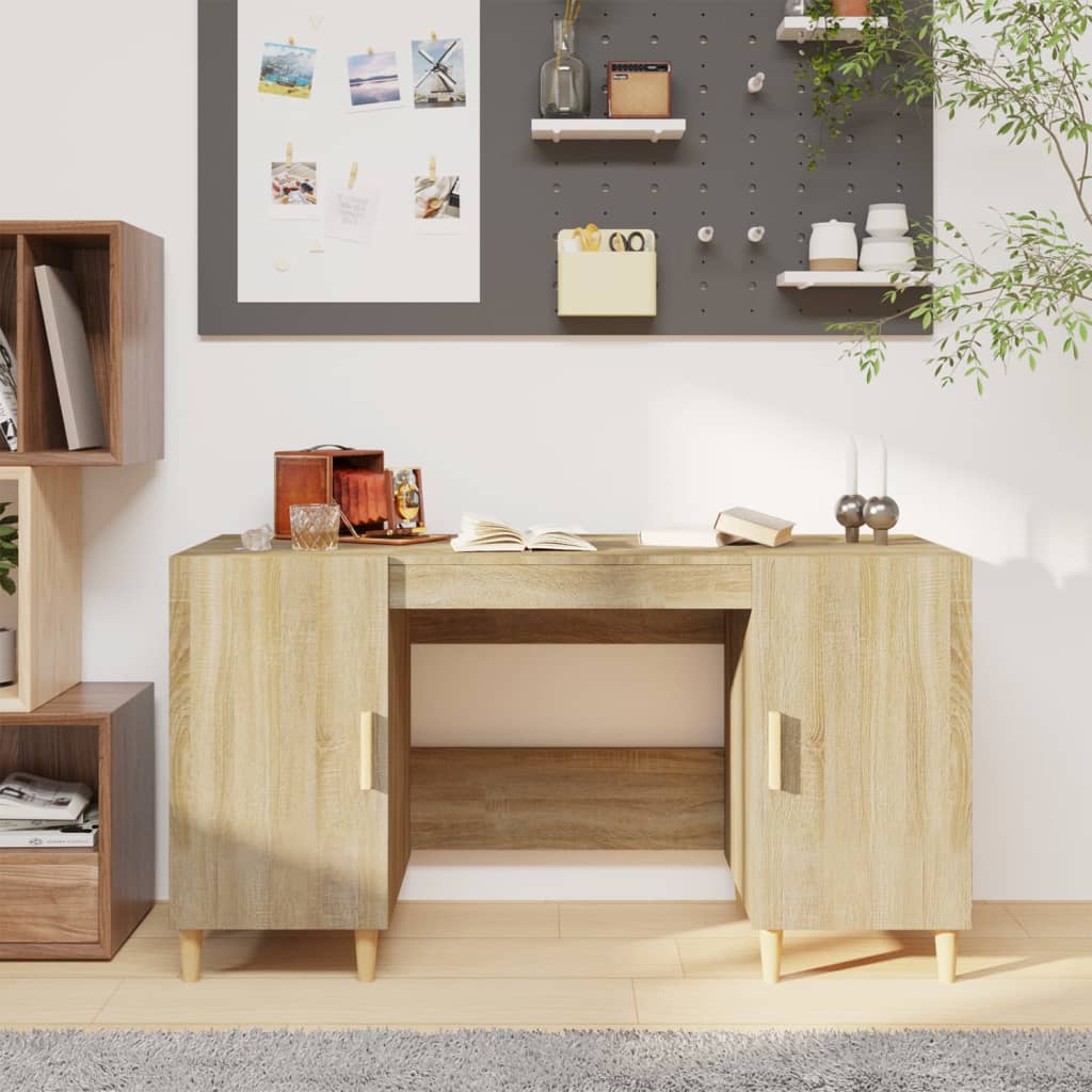 Modern Wooden Home Office Computer Desk Table With 2 Storage Cupboards Wood