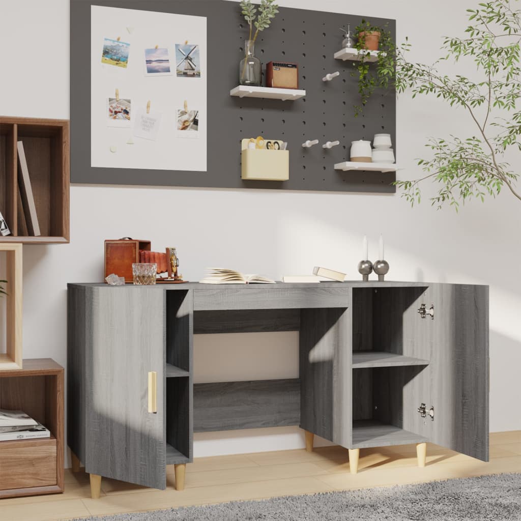 Modern Wooden Home Office Computer Desk Table With 2 Storage Cupboards Wood