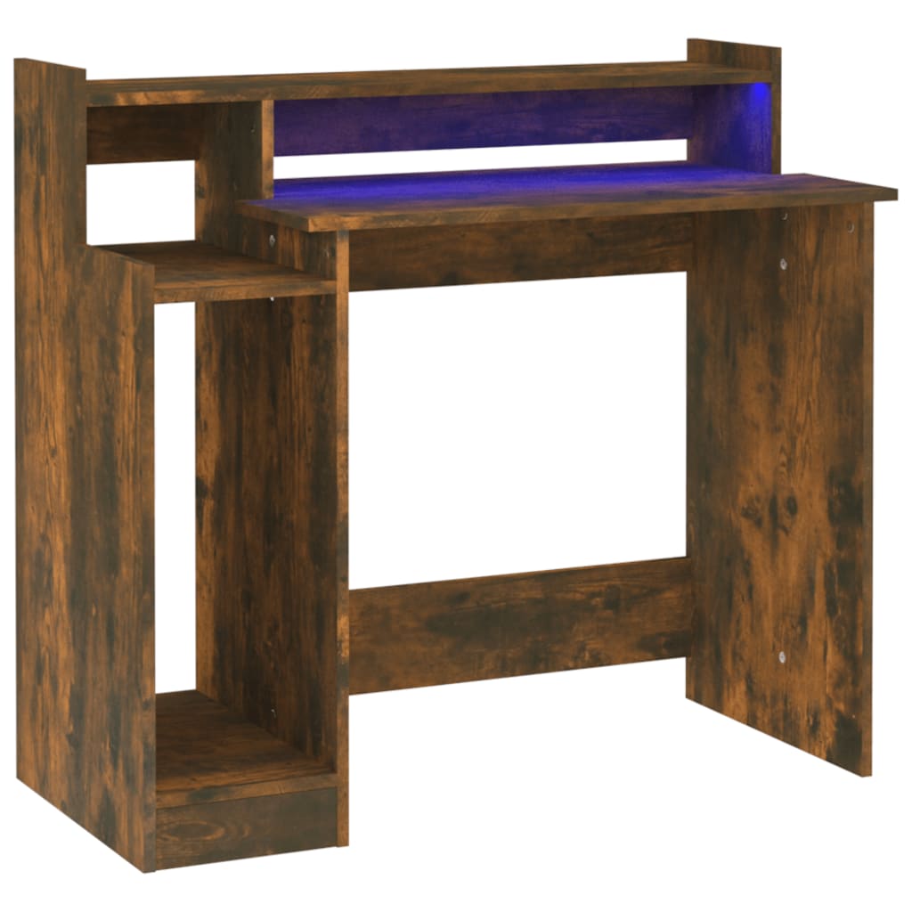 Modern Wooden Home Office Computer Gaming Desk With LED Lights Monitor Stand