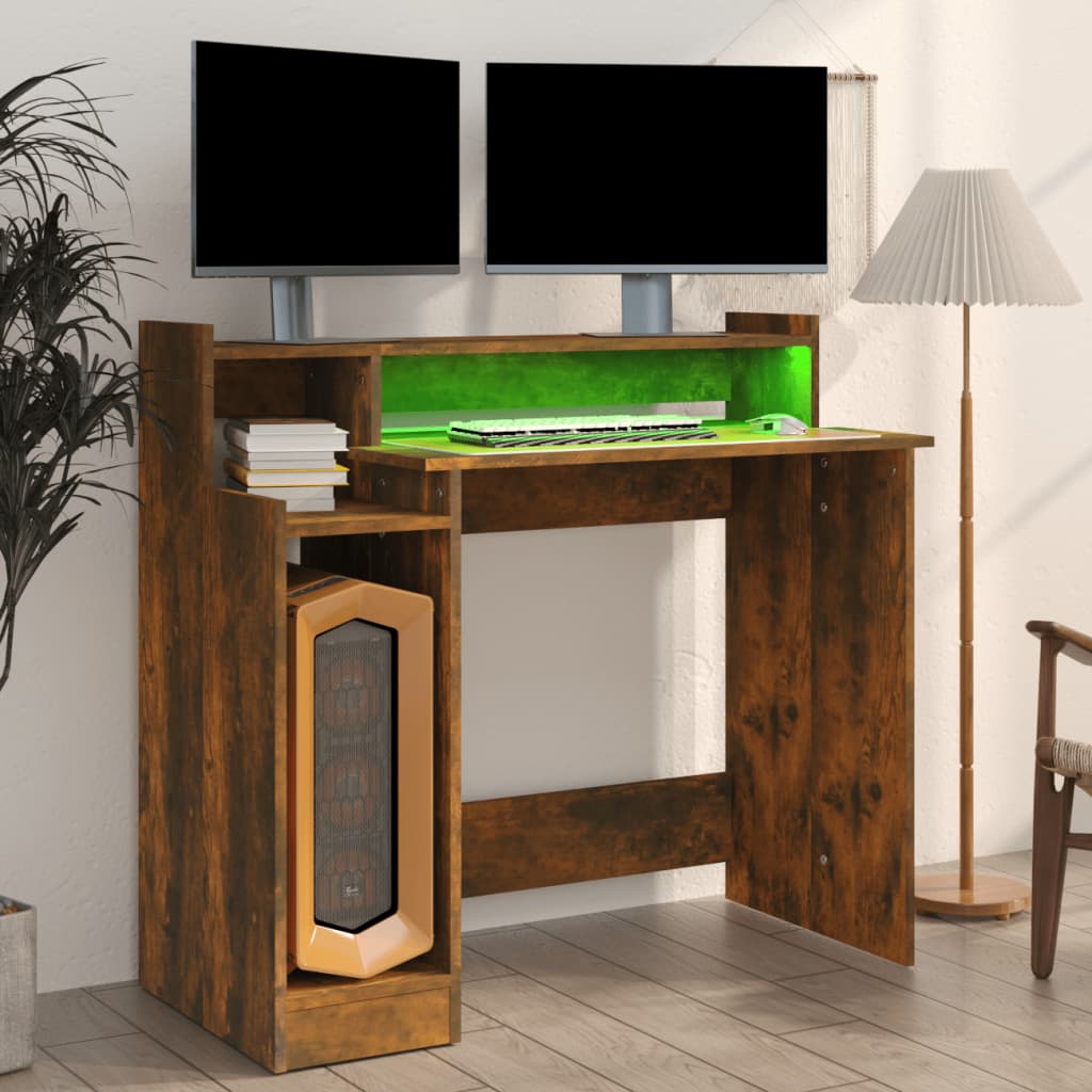 Modern Wooden Home Office Computer Gaming Desk With LED Lights Monitor Stand