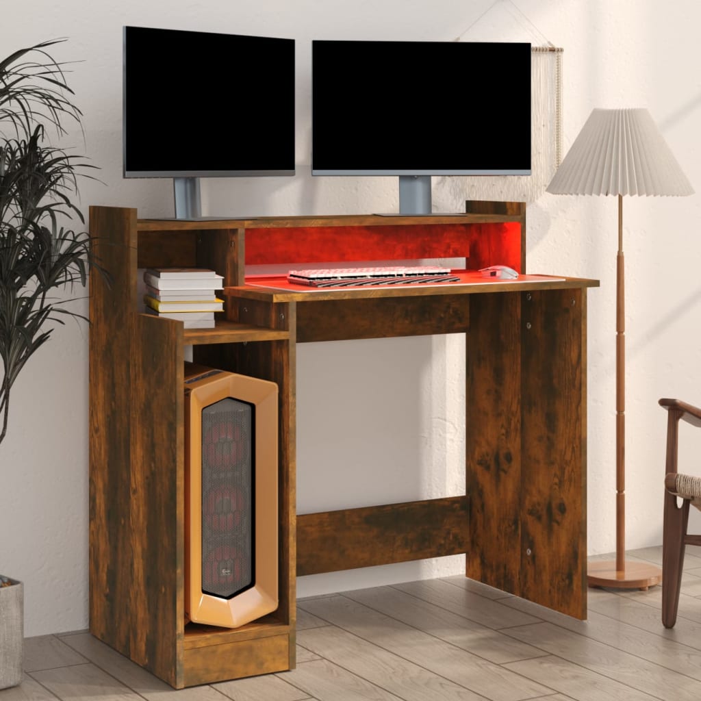 Modern Wooden Home Office Computer Gaming Desk With LED Lights Monitor Stand