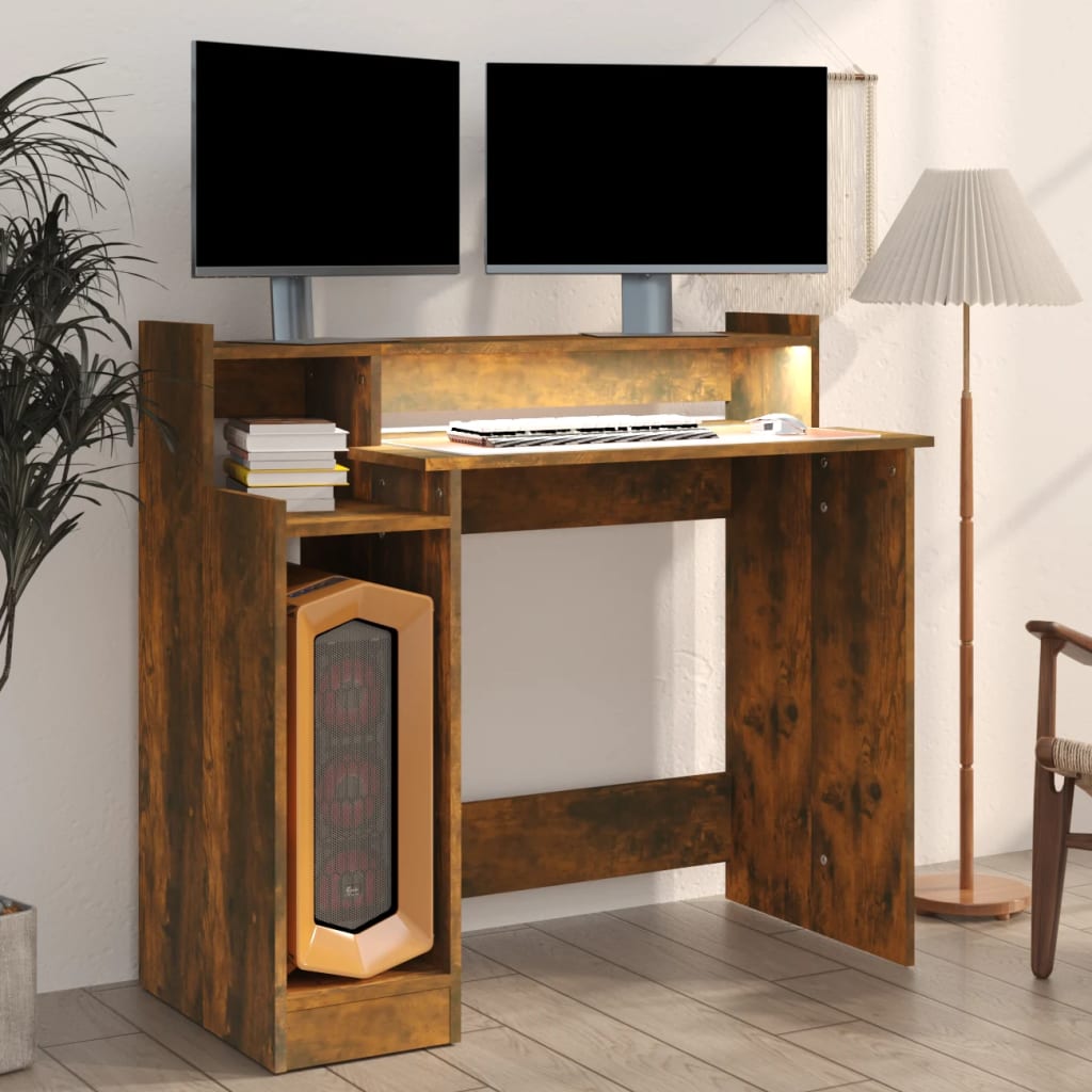 Modern Wooden Home Office Computer Gaming Desk With LED Lights Monitor Stand