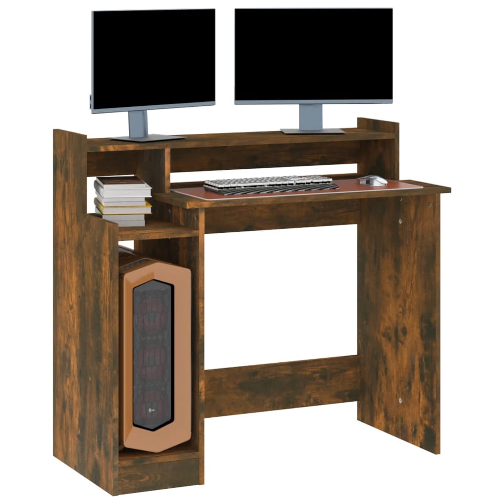 Modern Wooden Home Office Computer Gaming Desk With LED Lights Monitor Stand